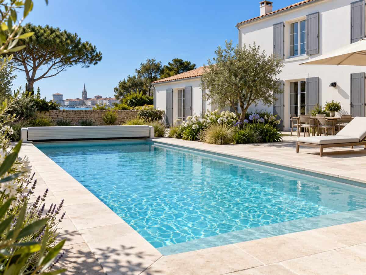 Piscine rénovée avec margelles en pierre claire et terrasse devant une maison en Charente-Maritime